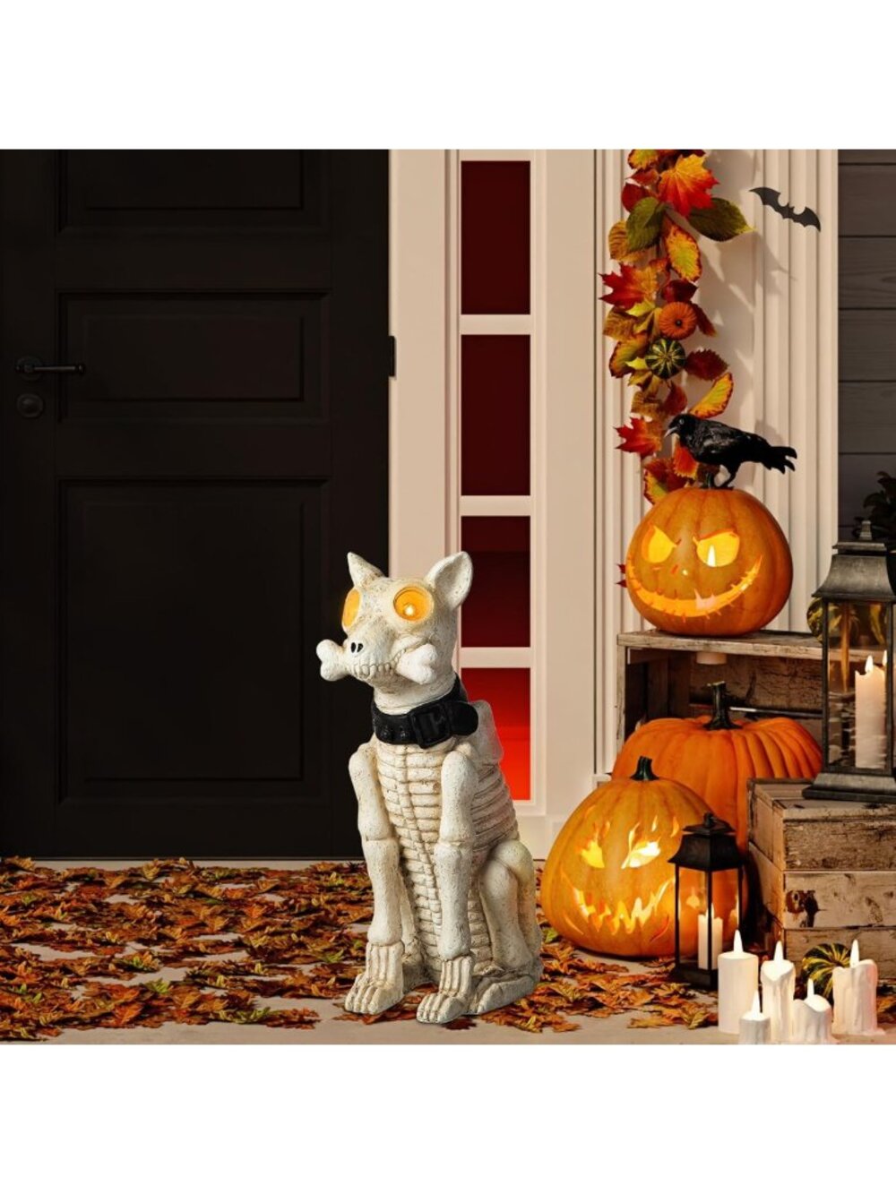 Lighted Halloween Porch Sign Decor with Timer, Skeleton Dog for Indoor/Outdoor